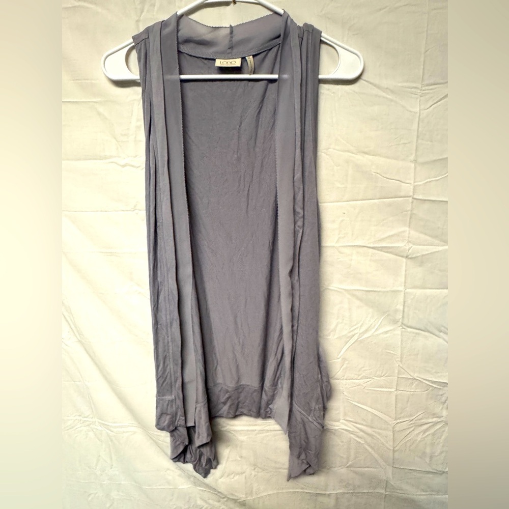LOGO Lori Goldstein Open Front Vest Chiffon Trim Stretch Knit Sleeveless Gray XL